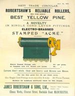 Il ustrated nett trade list of Robertshaw's vellum paper blinds. Spring stop roller. Extension spring roller. Reliable rollers. British made rollers. Ball bearing brackets. Ball bearing portiere rods