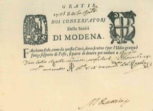 Gratis il dì 30 agosto 1723 Noi Conservatori della Sanità di Modena. Facciamo fede, come da questa Città, dove si vive (per l'Iddio grazia) senza sospetto di Peste, si parte di dentro per andare a Reggio... - copertina