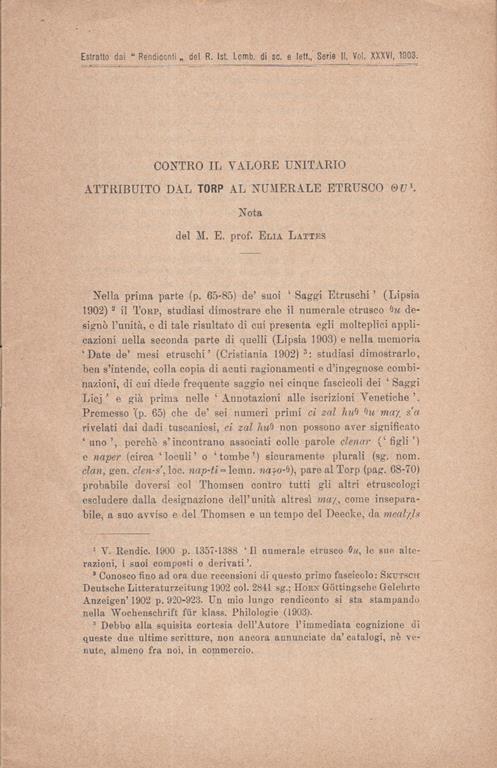 Contro il valore unitario attribuito dal torp al numerale etrusco ou - Elia Lattes - copertina