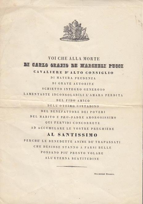 Foglio di due carte con necrologio di carlo orazio de marchese pucci scritto nella prima facciata - Melchiorre Missirini - copertina