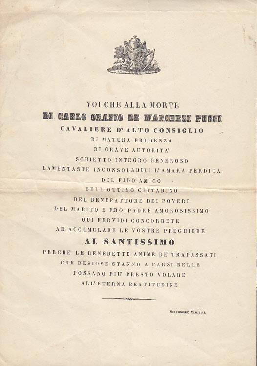 Foglio di due carte con necrologio di carlo orazio de marchese pucci scritto nella prima facciata - Melchiorre Missirini - copertina