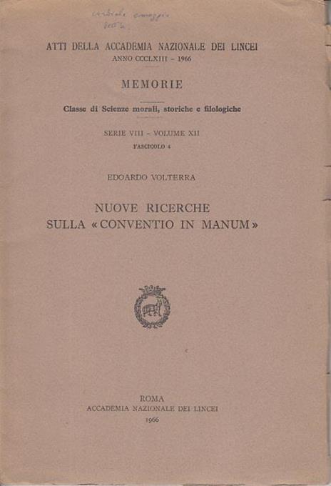 Nuove ricerche sulla conventio in manum - Edoardo Volterra - copertina