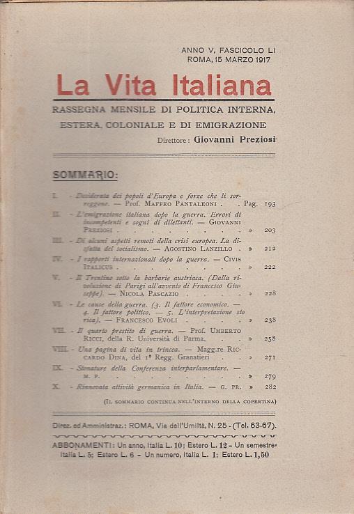 La vita italiana rassegna mensile di politica interna estera, coloniale e di emigrazione anno v fascicolo li marzo 15 marzo 1917 - copertina