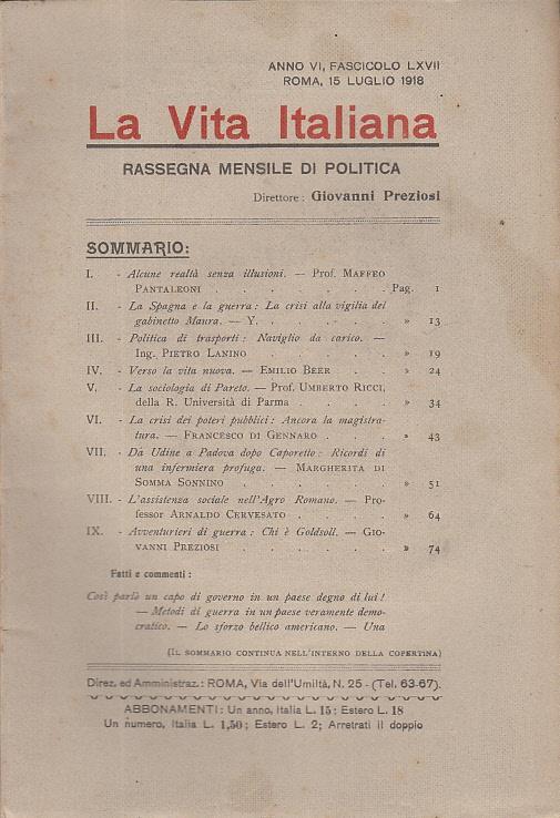 La vita italiana rassegna mensile di politica interna estera, coloniale e di emigrazione anno vi fascicolo lxvii luglio roma 15 luglio 1918 - 2