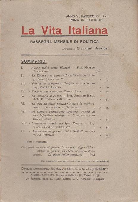 La vita italiana rassegna mensile di politica interna estera, coloniale e di emigrazione anno vi fascicolo lxvii luglio roma 15 luglio 1918 - copertina