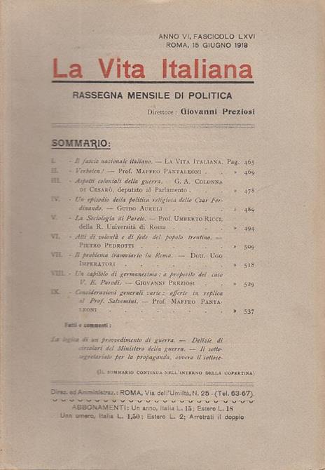 La vita italiana rassegna mensile di politica interna estera, coloniale e di emigrazione anno vi fascicolo lxvi giugno roma 15 giugno 1918 - copertina