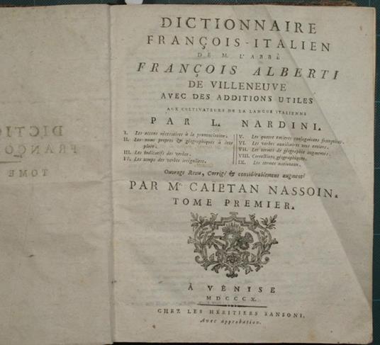 Dictionnaire francois. italien. Vol. I. Avec des additions utiles aux cultivateurs de la langue italienne par L. Nardini - Francesco Alberti di Villanova - copertina