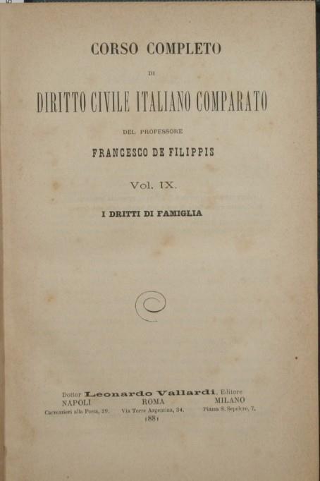 Corso completo di Diritto Civile italiano comparato. Vol. IX. I diritti di famiglia - Francesco De Filippis - copertina