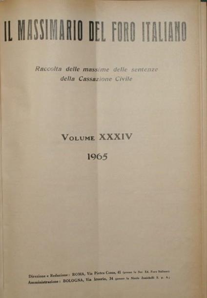 Il massimario del Foro italiano. Vol. XXXIV. Anno 1965. Raccolta delle massime delle sentenze della Cassazione Civile - copertina