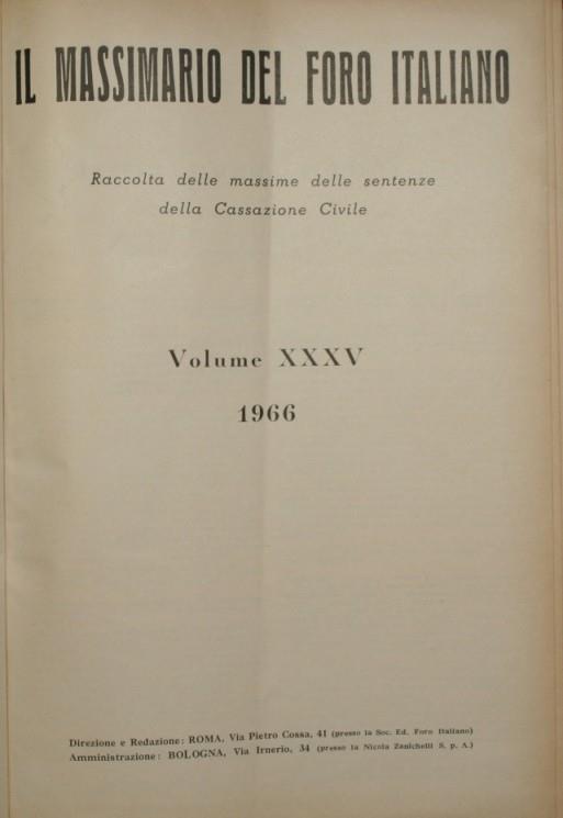 Il massimario del Foro italiano. Vol. XXXV - Anno 1966. Raccolta delle massime delle sentenze della Cassazione Civile - copertina