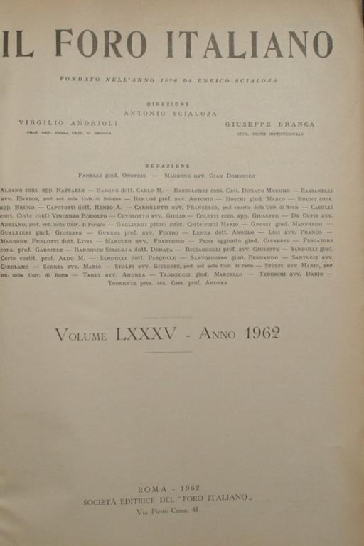 Il Foro italiano. Vol. LXXXV. Anno 1962 - copertina