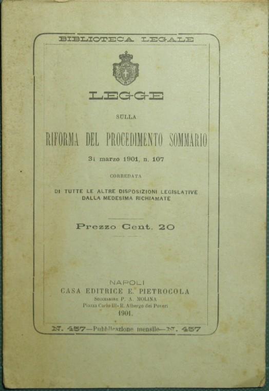 Legge sulla riforma del procedimento sommario. 31 marzo 1901, n. 107 - copertina