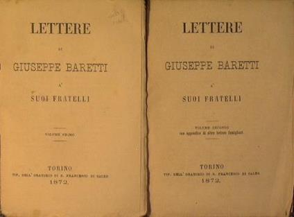 Lettere di Giuseppe Baretti a suoi fratelli I e II Volume - Giuseppe Baretti - copertina