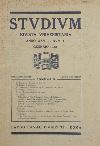 Studium. Gennaio. Febbraio 1932. Rivista universitaria - copertina