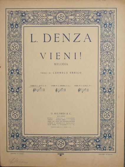 Vieni !. Melodia - Luigi Denza - copertina