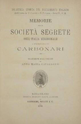 Memorie sulle società segrete dell'Italia meridionale e specialmente sui carbonari - copertina