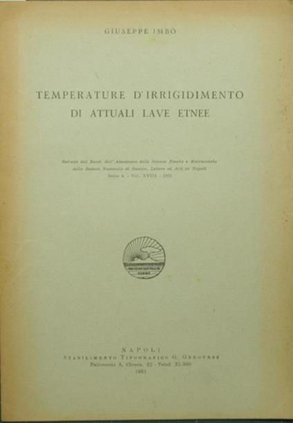 Temperature d'irrigidimento di attuali lave etnee - Giuseppe Imbò - copertina