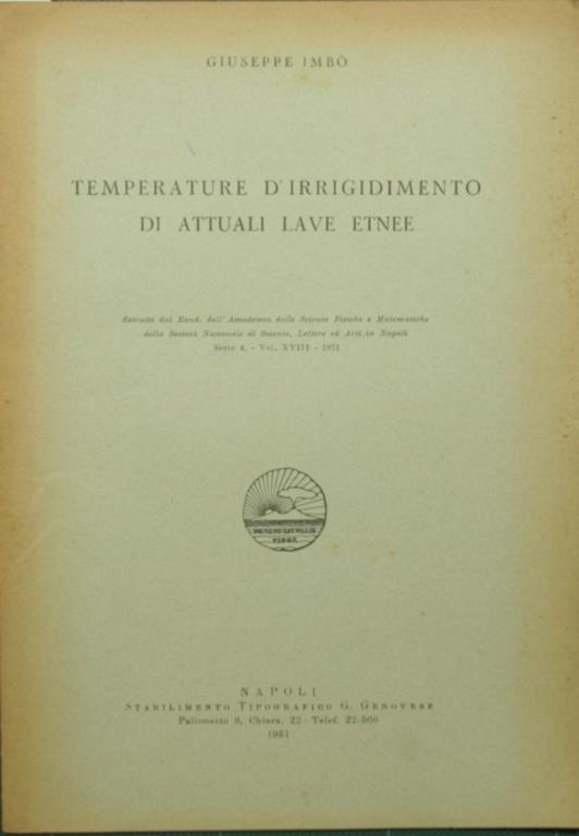 Temperature d'irrigidimento di attuali lave etnee - Giuseppe Imbò - copertina