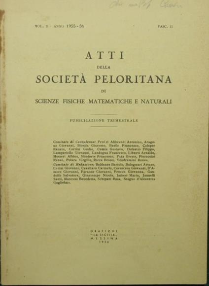 Atti della Società Peloritana di Scienze fisiche matematiche e naturali. Vol. II - Anno 1955-56, fasc. II - copertina