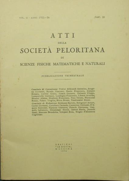 Atti della Società Peloritana di Scienze fisiche matematiche e naturali. Vol. II - Anno 1955-56, fasc. III - copertina