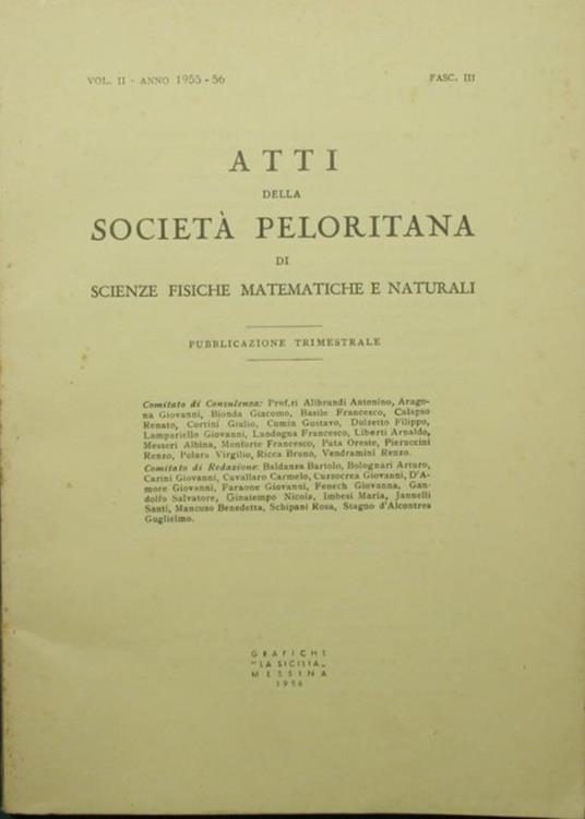 Atti della Società Peloritana di Scienze fisiche matematiche e naturali. Vol. II - Anno 1955-56, fasc. III - copertina