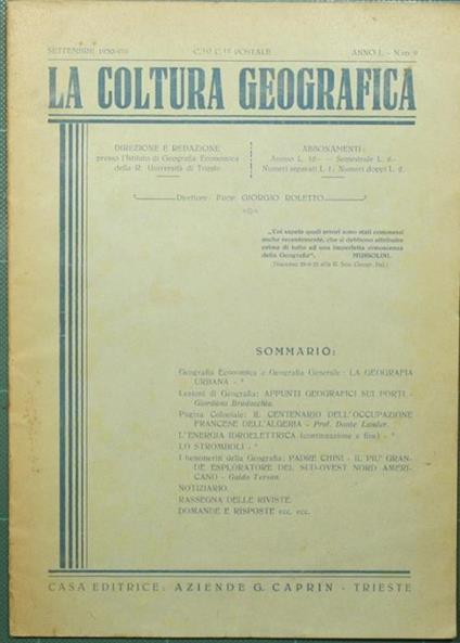 coltura geografica. Settembre 1930 La - copertina