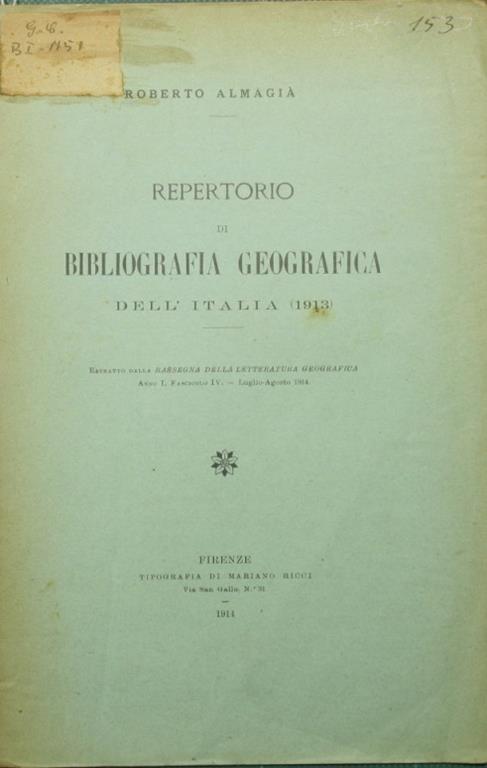 Repertorio di bibliografia geografica dell'Italia (1913) - Roberto Almagià - copertina