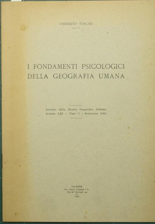 I fondamenti psicologici della geografia umana - Umberto Toschi - copertina