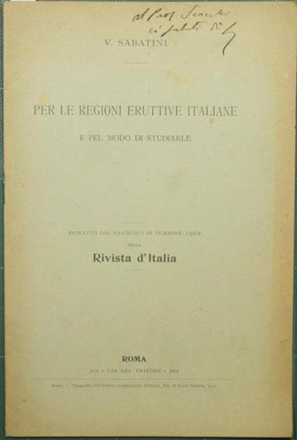 Per le regioni eruttive italiane e pel modo di studiarle - V. Sabatini - copertina