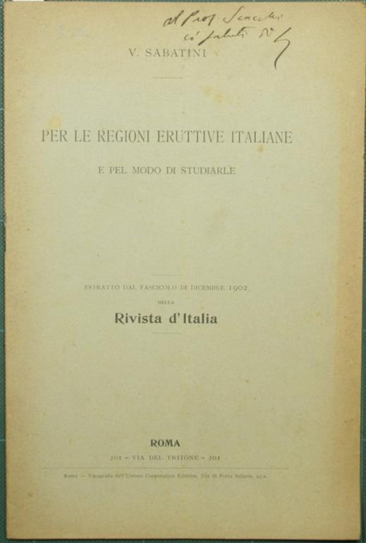 Per le regioni eruttive italiane e pel modo di studiarle - V. Sabatini - copertina