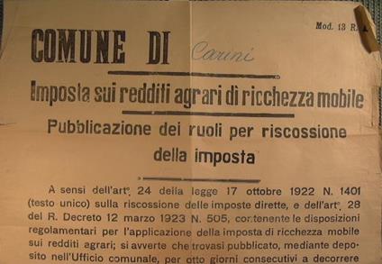 Bando Comune di Carini - Imposta sui redditi agrari di ricchezza mobile - Pubblicazione dei ruoli per riscossione della imposta - Mod. 13 A - copertina