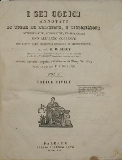 I Sei codici annotati. Vol. I Codice civile. Di tutte le decisioni, e disposizioni interpretative, modificative ed applicative sino all'anno corrente con rinvio alle principali raccolte di giurisprudenza - G. B. Sirey - copertina