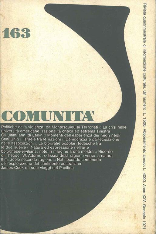 Comunità: rivista quadrimestrale di informazione culturale fondata da Adriano Olivetti. Anno XXV, n° 163, gennaio 1971 - copertina