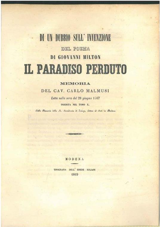 Di un dubbio sull'invenzione del poema di Giovanni Milton "Il paradiso perduto" - Carlo Malmusi - copertina