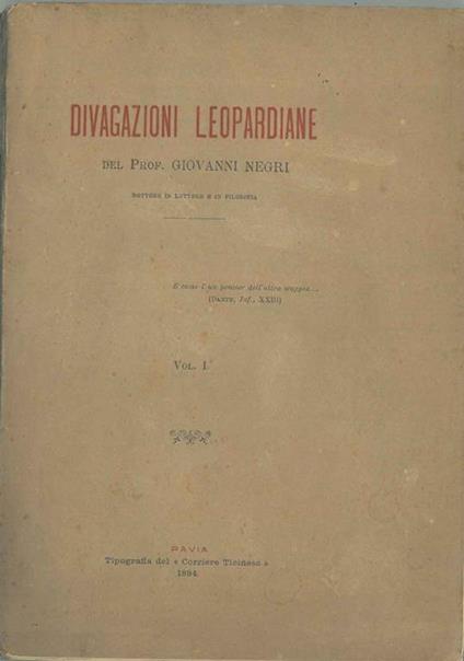 Divagazioni leopardiane Vol. 1 - Giovanni Negri - copertina