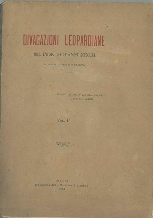 Divagazioni leopardiane Vol. 1 - Giovanni Negri - copertina