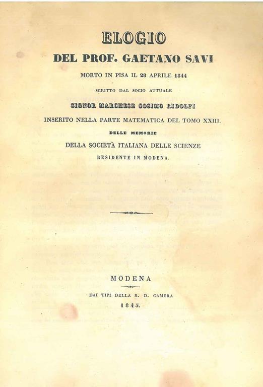 Elogio del Prof. Gaetano Savi morto in Pisa il 28 aprile 1844 - Cosimo Ridolfi - copertina