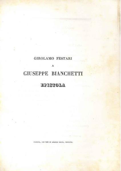 Girolamo Festari a Giuseppe Bianchetti. Epistola - Girolamo Festari - copertina