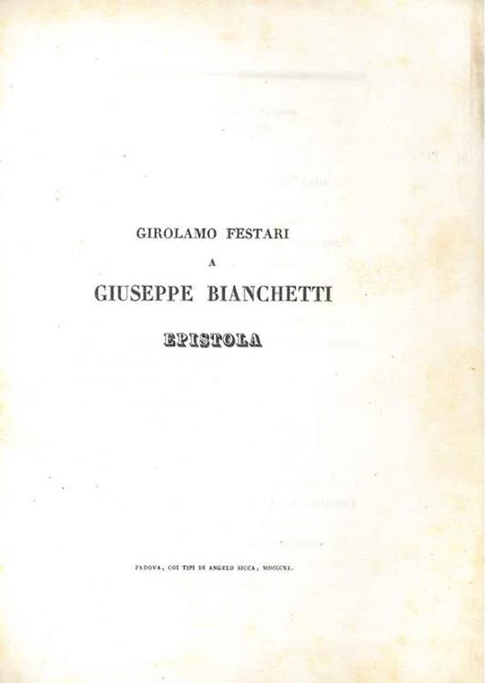 Girolamo Festari a Giuseppe Bianchetti. Epistola - Girolamo Festari - copertina