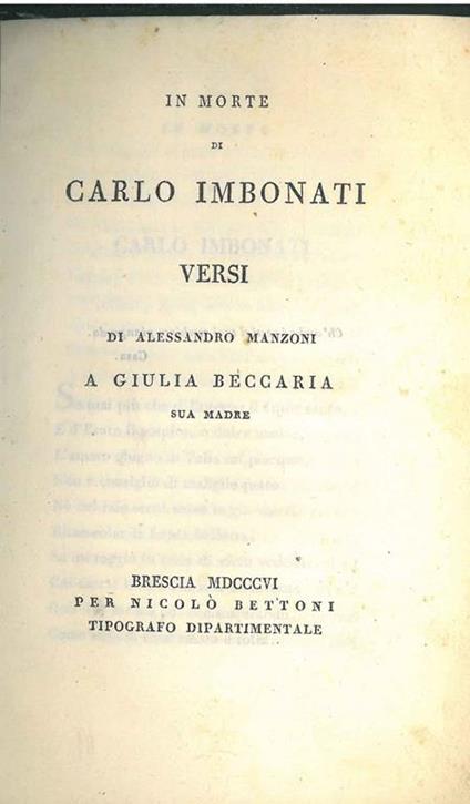 In morte di Carlo Imbonati. Versi di Alessandro Manzoni a Giulia Beccaria sua madre - Alessandro Manzoni - copertina