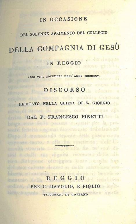 In occasione del solenne aprimento del Collegio della Compagnia di Gesù in Reggio... Discorso recitato nella Chiesa di S. Giorgio - Francesco Finetti - copertina