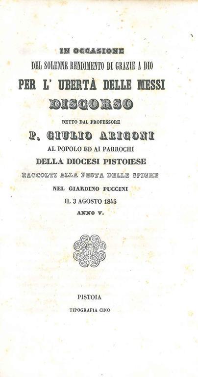 In occasione del solenne rendimento di grazie a Dio per l'ubertà delle messi - Giulio Arigoni - copertina