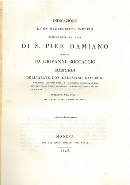 Indicazione di un manuscritto inedito contenente la vita di S. Pier Damiano scritta da Giovanni Boccaccio - Celestino Cavedoni - copertina