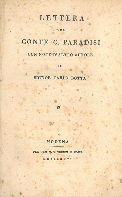 Lettera del Conte G. Paradisi con note d'altro autore al signor Carlo Botta - Giovanni Paradisi - copertina