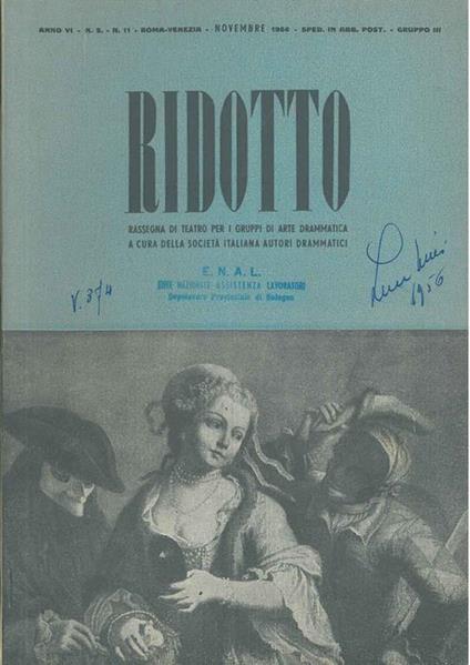 Lorenzo e il suo avvocato Ridotto. Rassegna mensile di teatro per i gruppi di arte drammatica, n. 11, 1956 - Carlo Bertolazzi - copertina