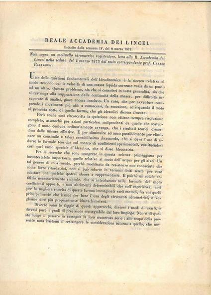 Nota sopra un molinello idrometrico registratore, letta alla R. Accademia dei lincei nella seduta del 2 marzo 1873 - Cesare Razzaboni - copertina