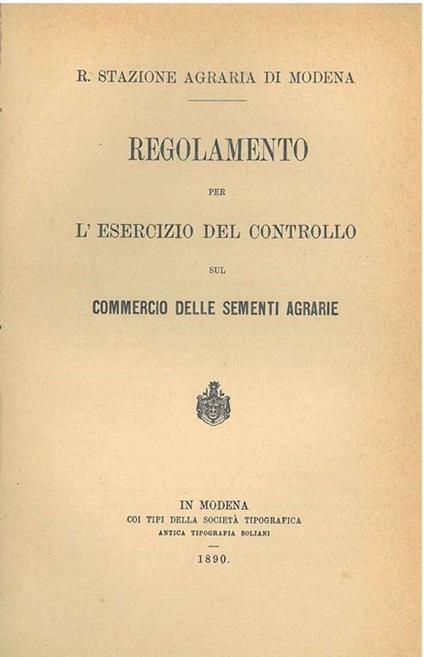 Regolamento per l'esercizio del controllo sul commercio delle sementi agrarie - copertina