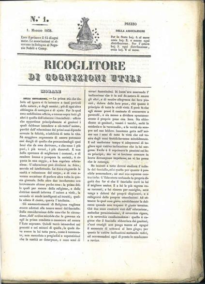 Ricoglitore di cognizioni utili. 12 numeri, dal 1° maggio 1838 al 15 ottobre 1838 - copertina
