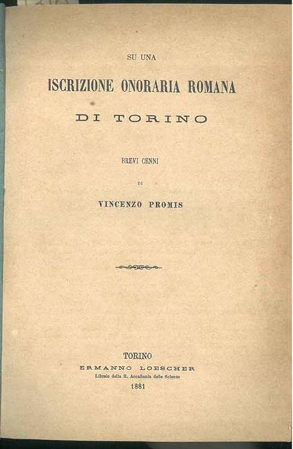 Su una iscrizione onoraria romana di Torino - Vincenzo Promis - copertina