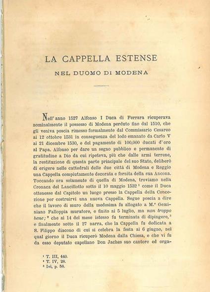 La cappella estense nel duomo di Modena Estratto dagli Atti e Memorie delle Deputazioni di Storia Patria dell'Emilia - Giuseppe Campori - copertina